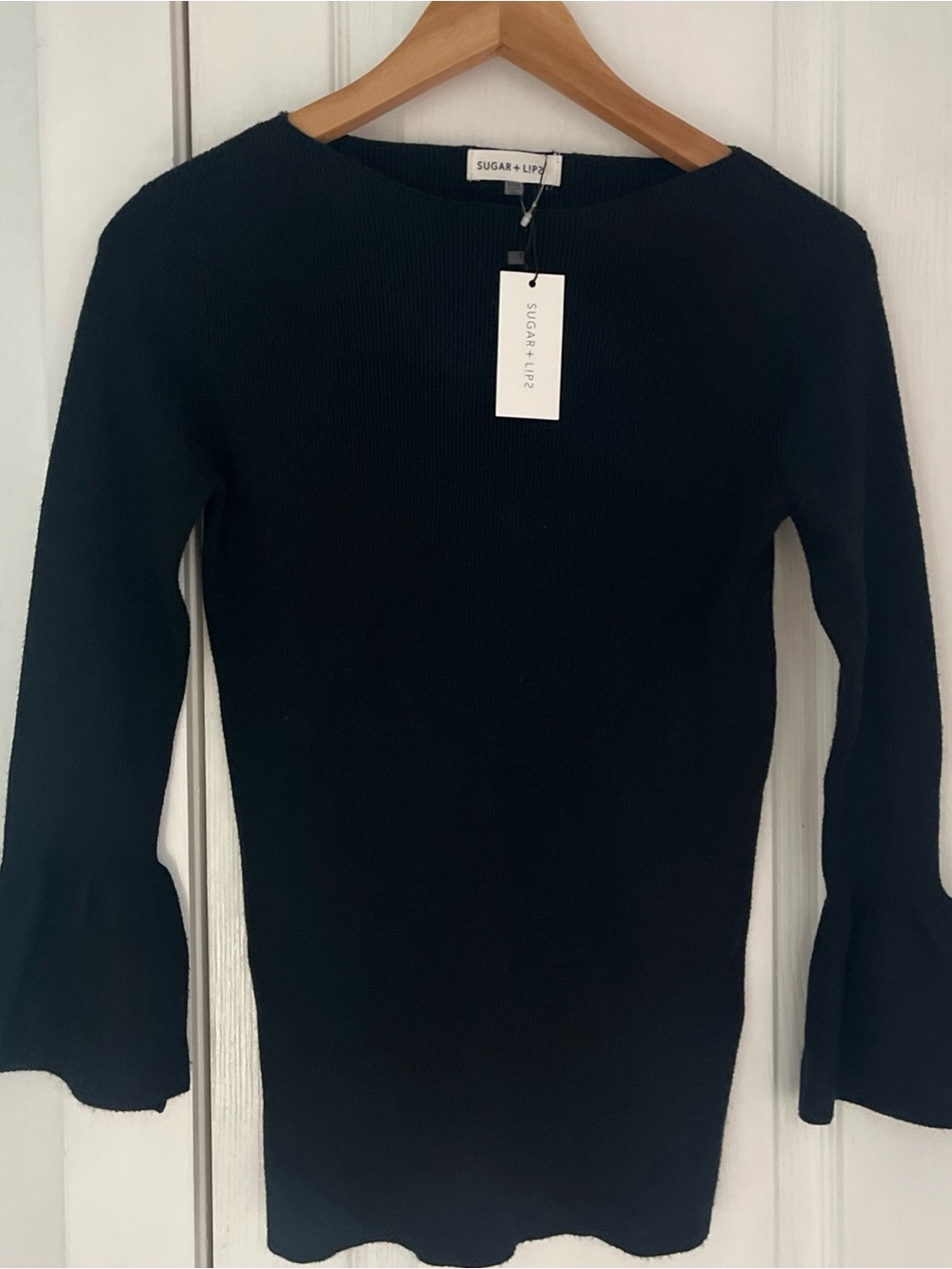 Sugarlips Black Ribbed Crewneck with Flared Bell Sleeves
